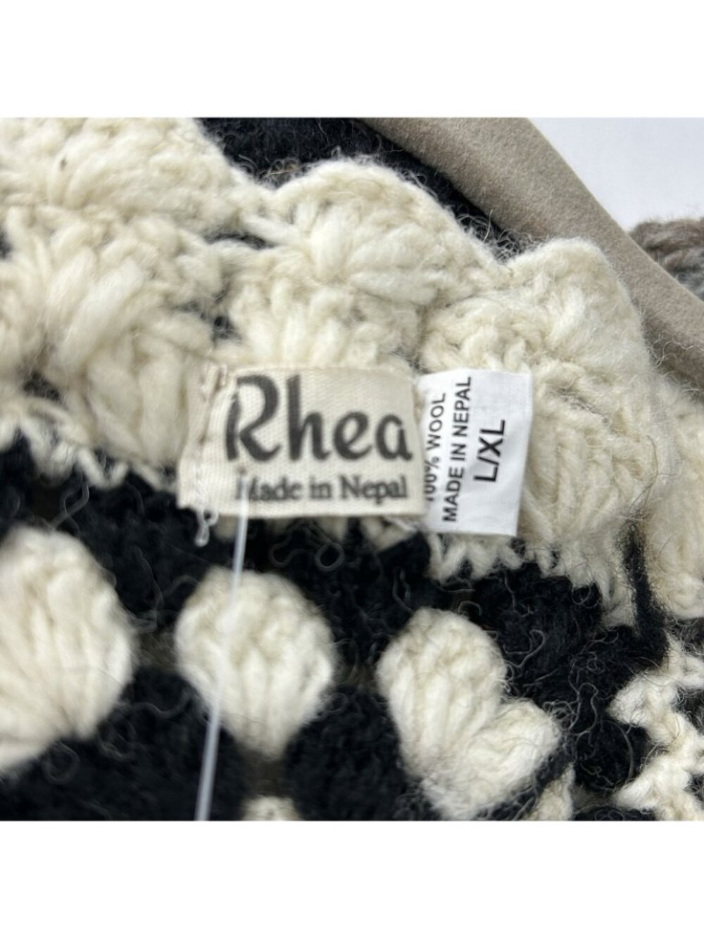 Rhea Wollon Jacket 100% Wool Cardigan L/XL Open Front Collared Crochet Flowers - Picture 3 of 16